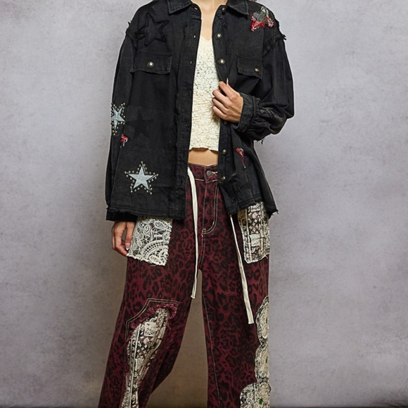 New Pol Denim Shacket Black Button Shirt Women Stars Boho 100% Cotton Denim - Picture 5 of 9